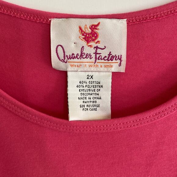 Quacker Factory Top 2X Pink Palm Tree Sparkle Rhinestones Tropical Beachy Fun - Picture 3 of 13